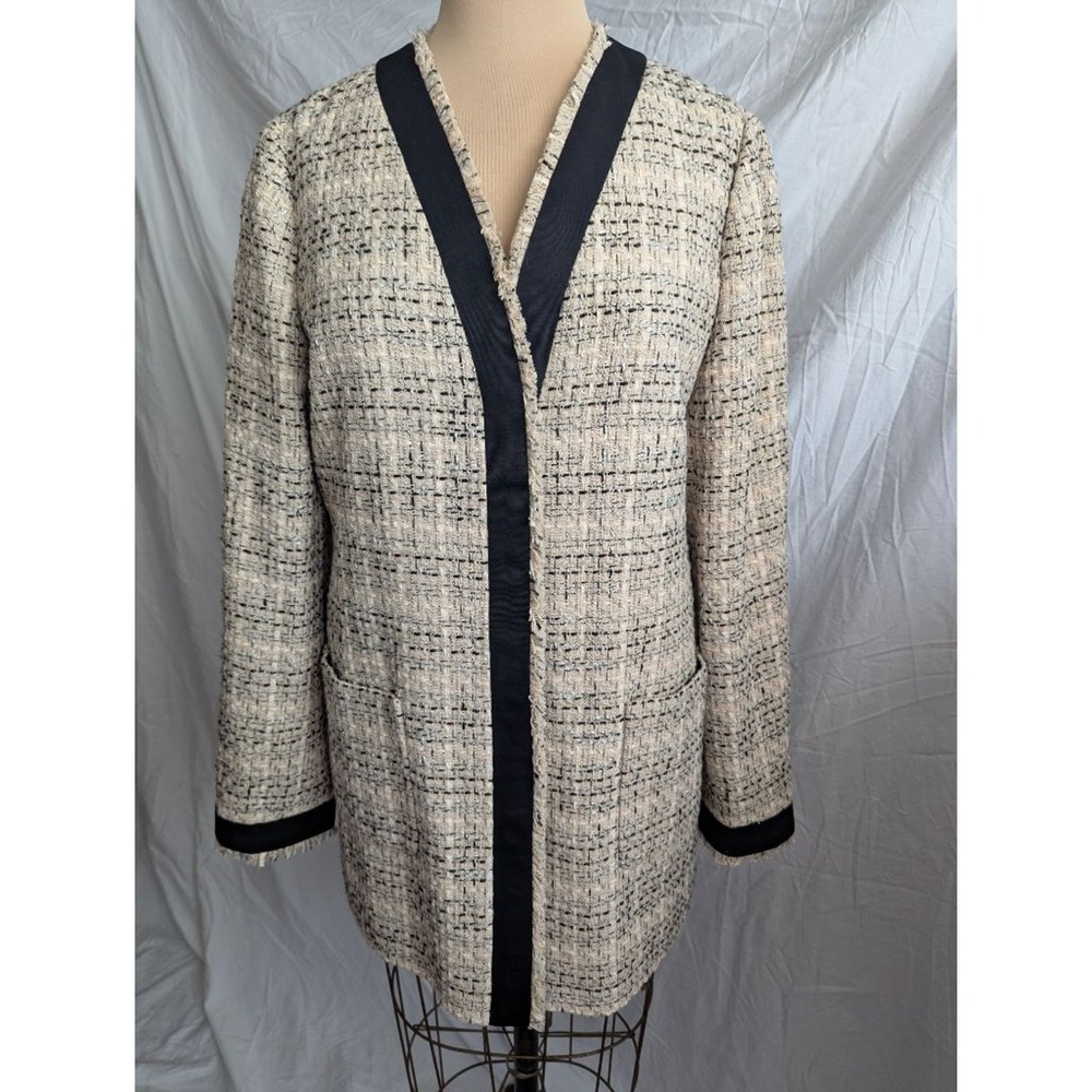 Ann Taylor Tweed Jacket Black Cream Open Front Longline Fringe Trim Wool Blend